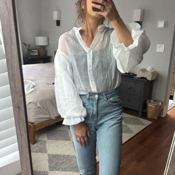 Boho Cotton Blend Button up White Full Bishop Sleeve Top - Picture 3 of 10